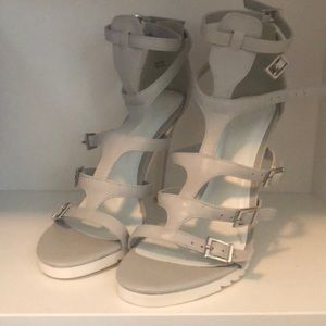 Cool gray heeled sandals with buckles